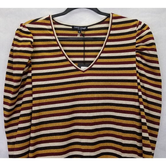 David Lerner Shimmer Stripe Top Women's XL V-Neck Puff 3/4 Sleeve Gold Red NEW - Picture 3 of 16